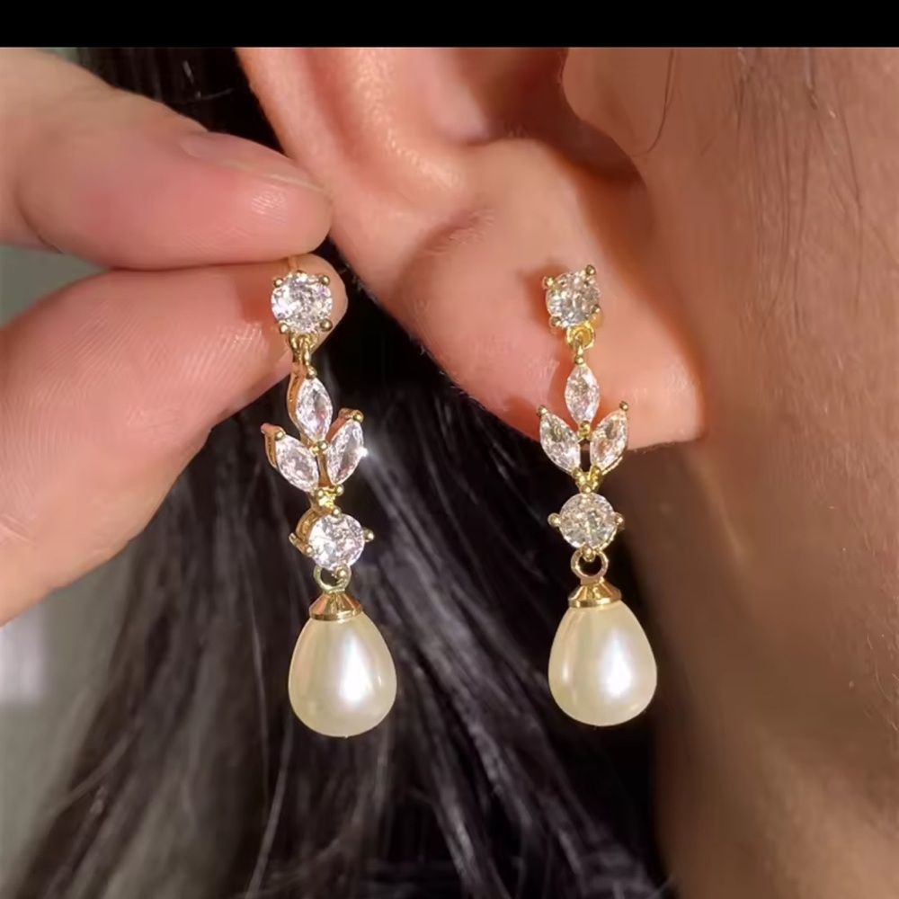 Hand made 14k Gold plated, Pearl & cubic cz Drop Earrings